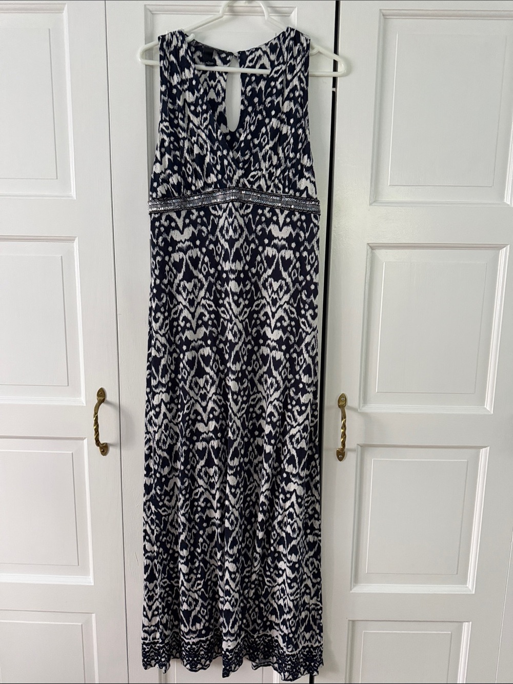 INC International Concepts Navy and White Ikat-Print Maxi Dress